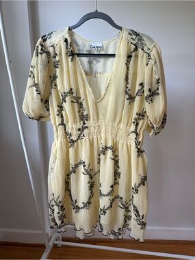 Ganni Pale Yellow Black Floral V-Neck Tunic Dress